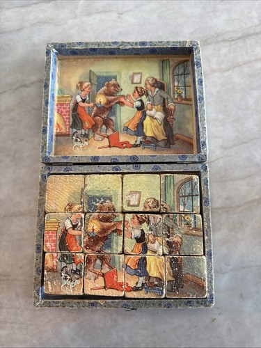 Vintage German Wooden Cube Puzzle Goldilocks & Three Bears Fairy Tale