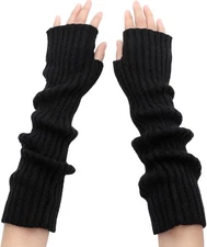 Arm Warmers - Women's Long Fingerless Cashmere Blended Knitted 16 inch, Black 