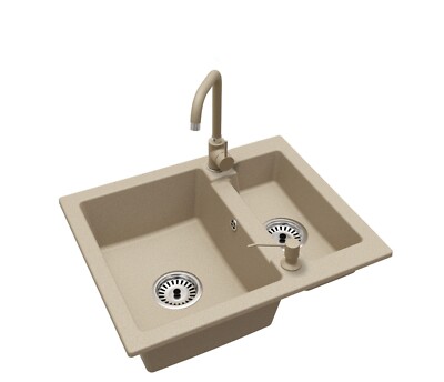 Spüle Granit Beige Yogi Armatur FLEX CHROME Siphon Chrom Seifenspender