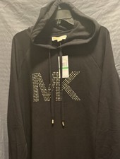 NWT Michael Kors Women's Black Hooded Studded MK Logo T-Shirt Dress Size L  $110