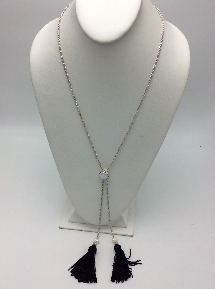 $49 Lucky Brand silver tone pearl cord lariat  Necklace D11