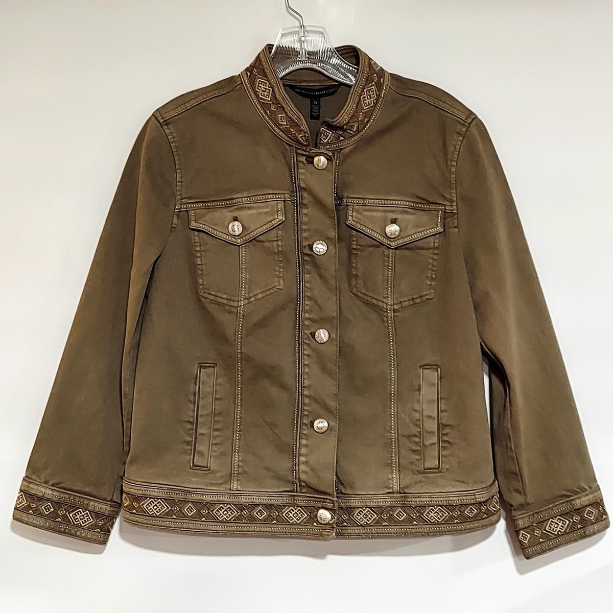 White House Black Market Embroidered Button Front Jean Jacket Size 12