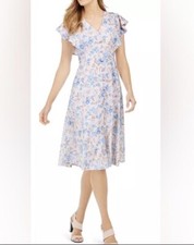Calvin Klein Flutter Sleeve Floral Blue Cream Dress 2