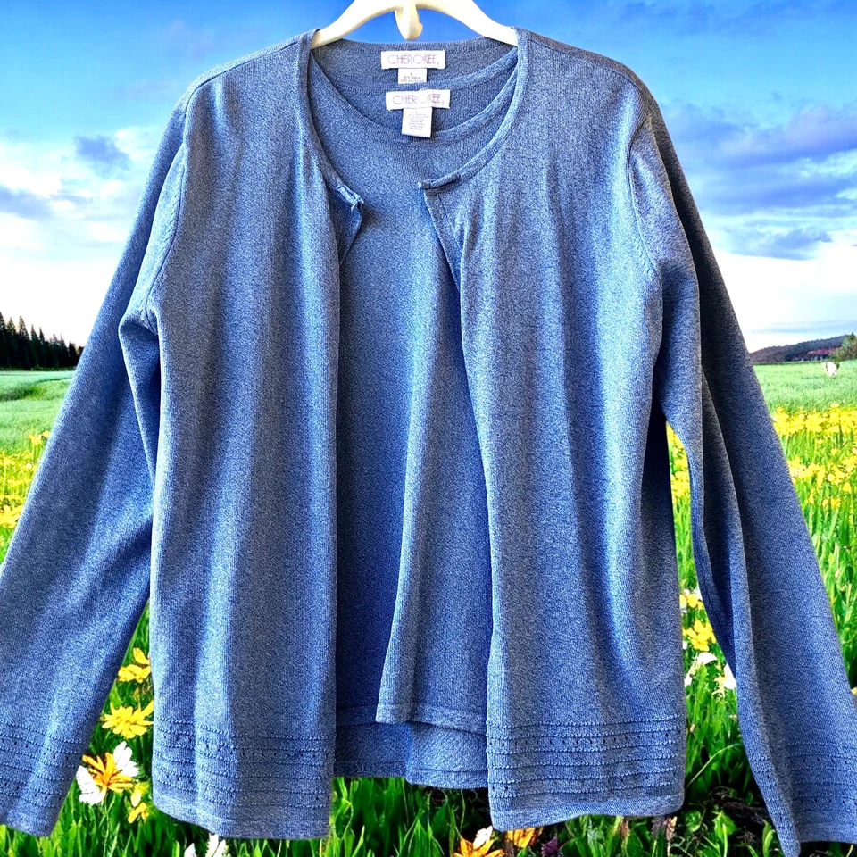 Cherokee Blue Cardigan Sweater & Tank Top Twin Set Womens Large Vtg Hong Kong - Image 3 of 4