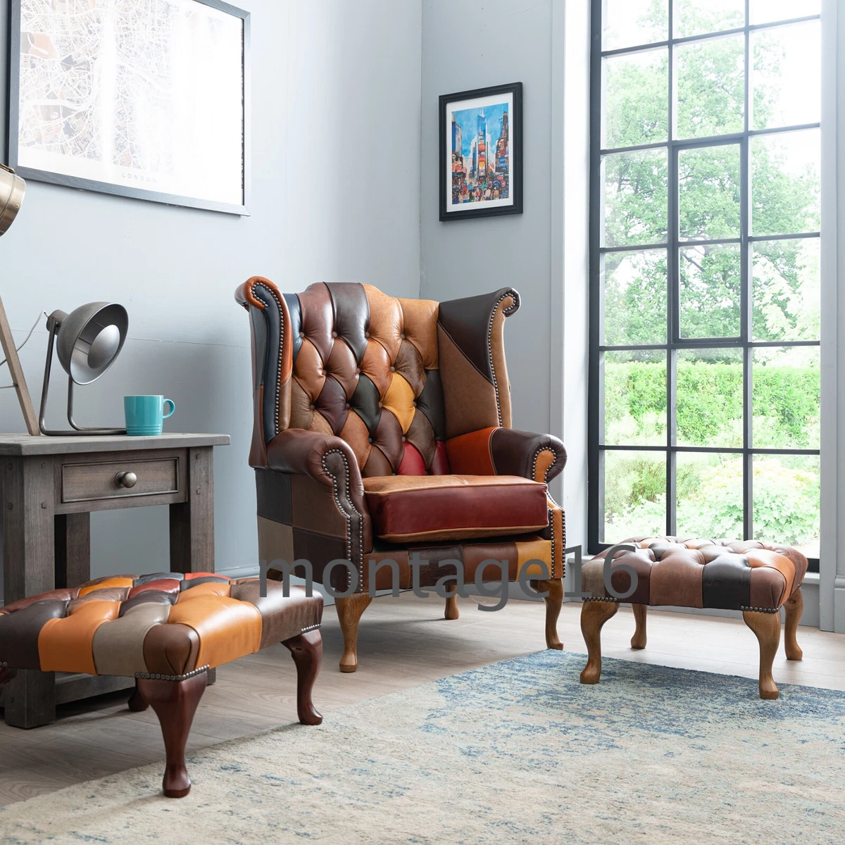 2 x Brompton Patchwork Leather Wing Chairs Armchair High Back Chesterfield