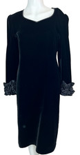 Vtg 80s FLORA KUNG Holiday Black Silk Blend Velvet Midi Dress Ruffle Cuff Sz 4