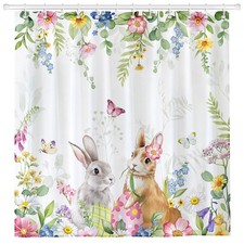 Easter Bunny Eggs Waterproof Spring Flowers Shower Curtain 12 Hooks 72x72 Inch
