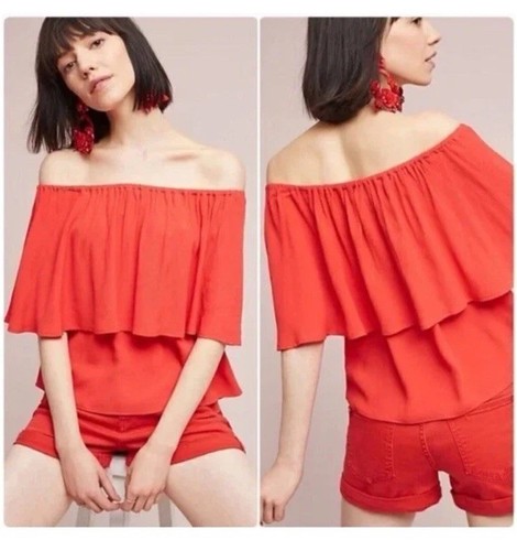 Anthropologie Holding Horses Orange Red Off Shoulder Blouson (L)