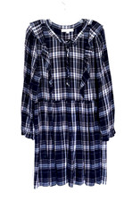 LOFT Plaid, Tie Neck, Front Ruffle, Gathered Skirt, Size XL Dress, Ruffle Cuff