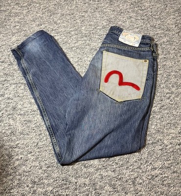 Evisu Japan Mens Denim Jeans Size 32 Lot 3015 Red Diacoat Seagull Logo Pants 