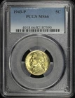 1943-P Wartime Silver Jefferson Nickel PCGS MS-66 - Strong Gold Toning!