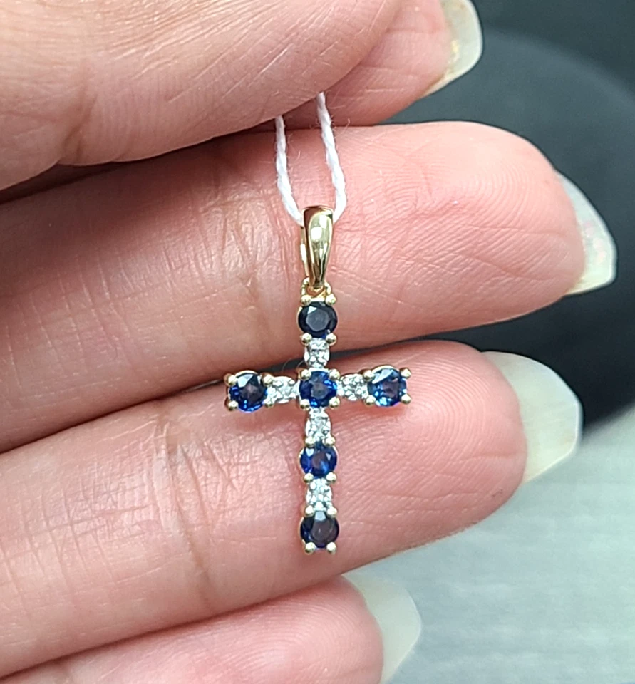 优惠! 0.40 克拉正品蓝宝石和钻石交叉吊坠小饰品 14K 金色 20 毫米 — 第 2/4 张图片