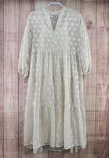Moon River Tiered Sheer Overlay Midi Dress Sz S Cream 3/4 Puff Sleeve Polka Dots