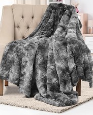 Gray Faux Fur Throw Blanket 50x65 Minky Fluffy Plush Fuzzy Bed Cover