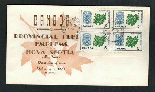 Canada #420, 1965 5¢ Nova Scotia Floral Emblems block of 4 on Unknown cachet FDC