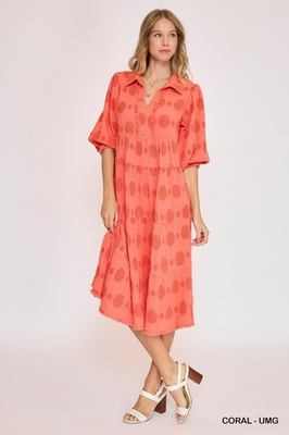 #ad #ad Umgee Coral Polka Dot Print Maxi Dress with V Neck and 3 4 Sleeves $39.99