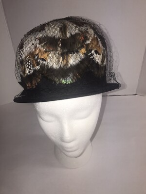 Vintage Gibbe Hats Woman s Feather Derby Hat Velvet Rimmed With Netting 6 3/4