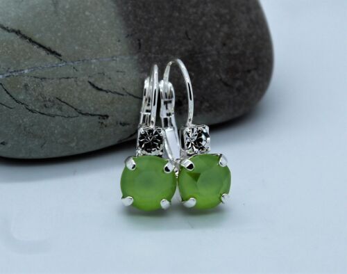 Silver Plated Lime Green/Clear Leverback Earrings with Swarovski Crystal Element - Picture 2 of 3
