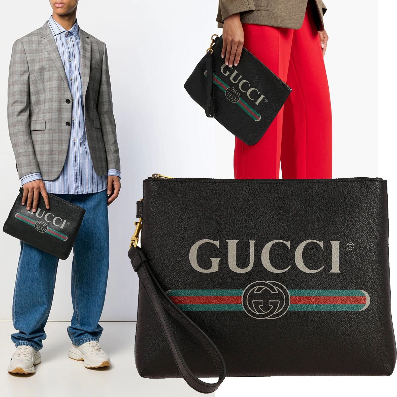 SAC GUCCI 572770 POCHETTE UNISEXE EN CUIR NOIR avec LOGO GG IMBRIQUÉ WEB
