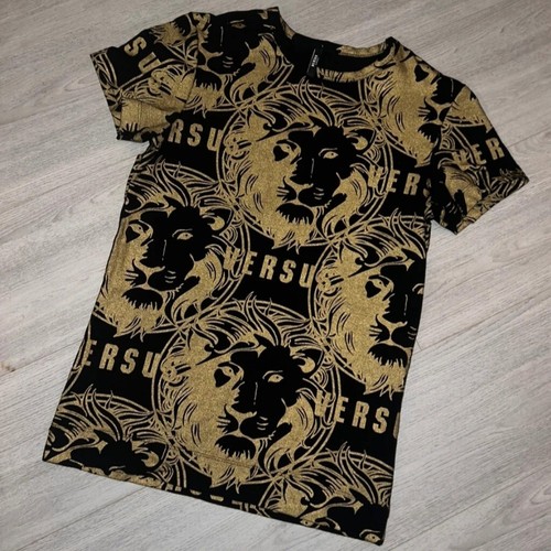 Gianni Versace Tshirt Mens Gold Lion AllOver Logo Print Cotton Black