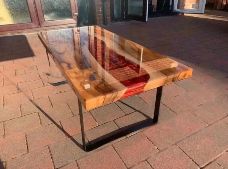 Red Epoxy Table Top with Stand , River Coffee Table, Wood Dining Table Decor - Image 2 of 4