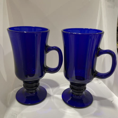 Vintage 2 Libbey MCM  Cobalt Blue Footed Irish Coffee  / Latte Mug wafer
