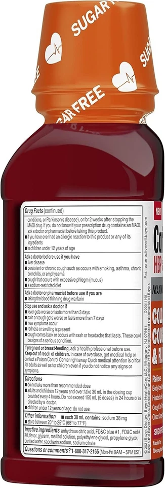 Coricidin HBP Max Strength tos, resfriado y gripe | cereza sin azúcar 12 oz | BB 7/25 Foto 2 de 4