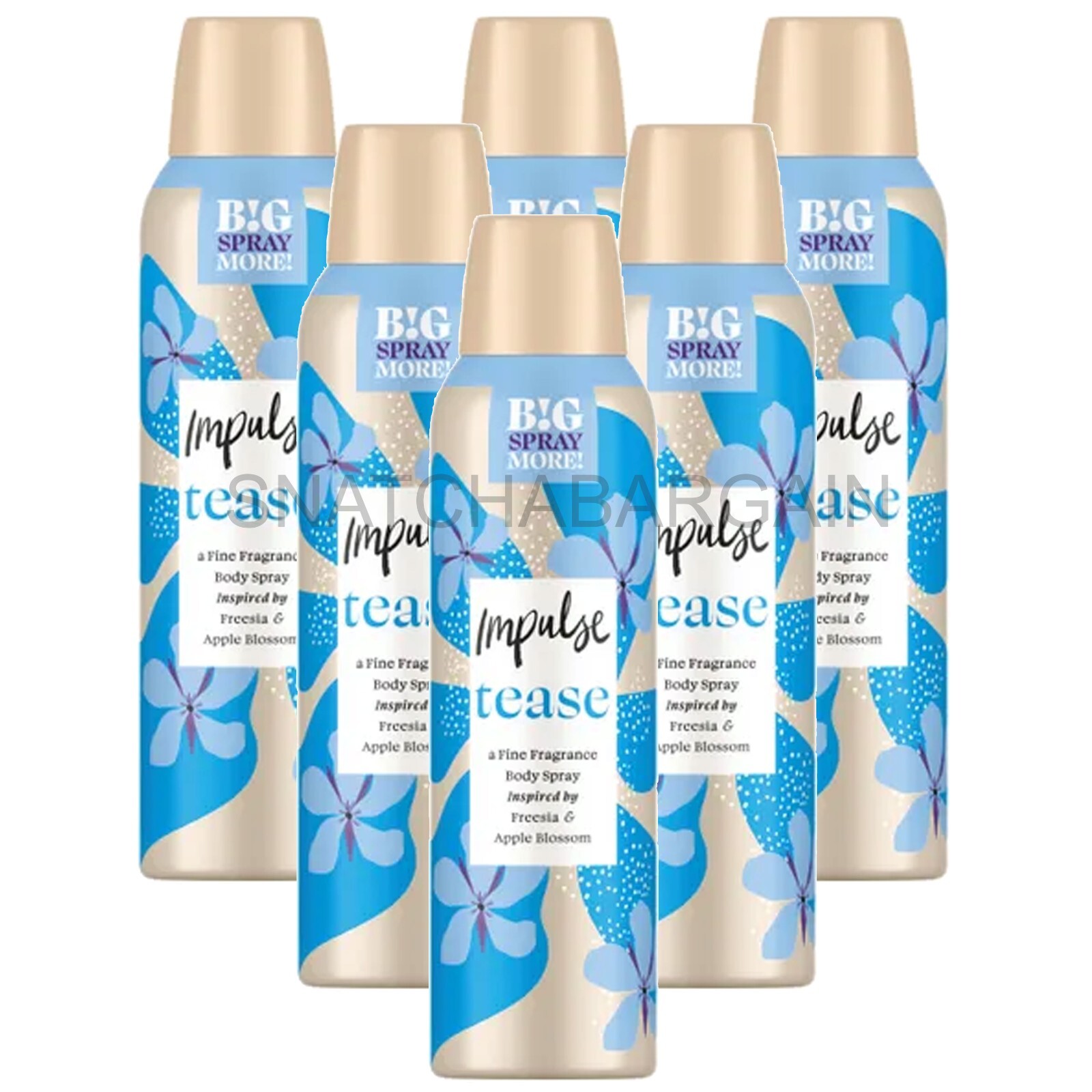 6 x IMPULSE TEASE BODY SPRAY DEODORANT 150ml FREESIA & APPLE BLOSSOM JUMBO CAN