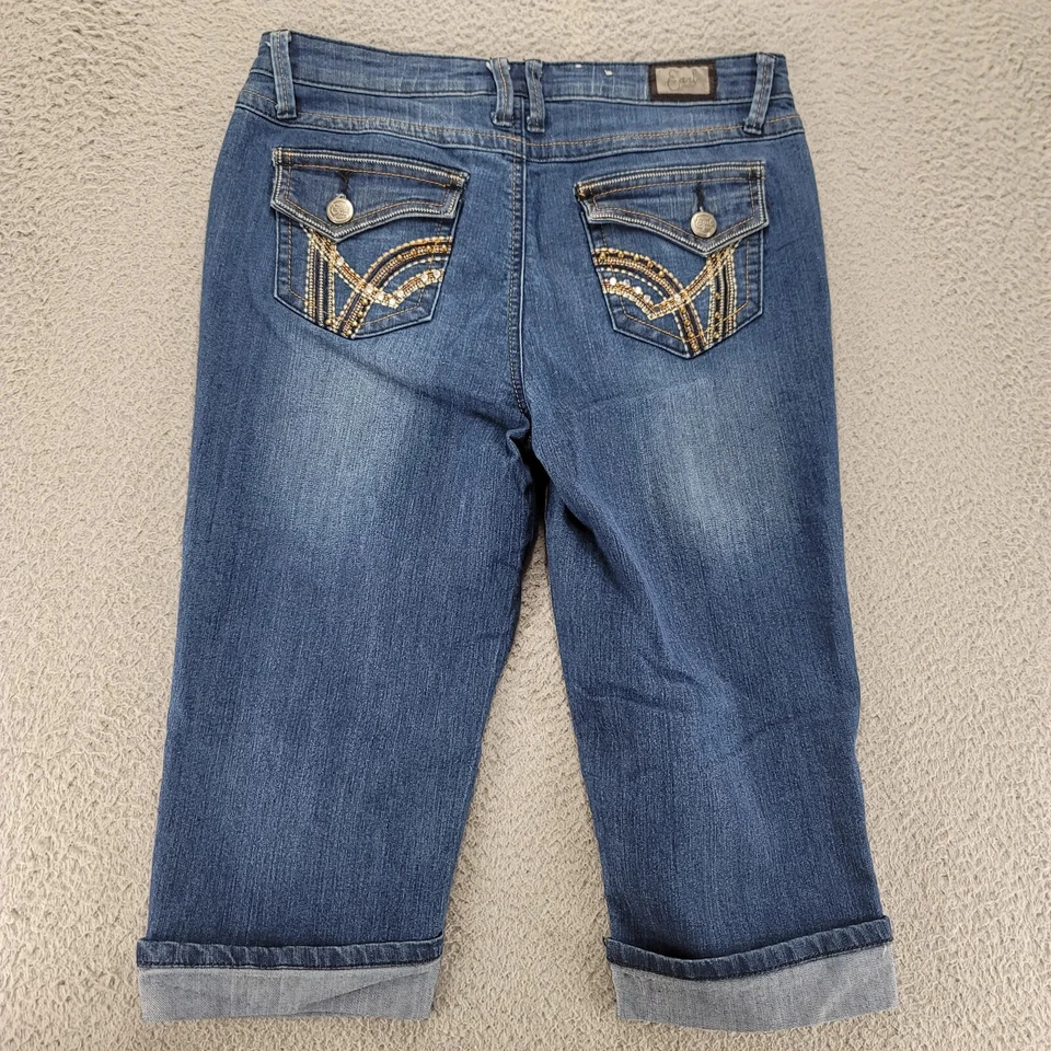 Pantalones de mezclilla Earl para mujer 6 azules con puños cortos desgastados informales bolsillos tiro medio Foto 3 de 4