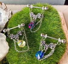 PAIR Gem Flowers, Crystal Pear Chains Dangle Nipple Rings Shields Body Jewelry