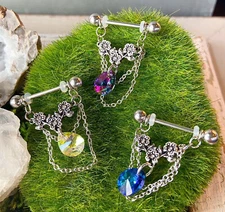 PAIR Gem Flowers, Crystal Pear & Chains Dangle Nipple Rings Shields Body Jewelry