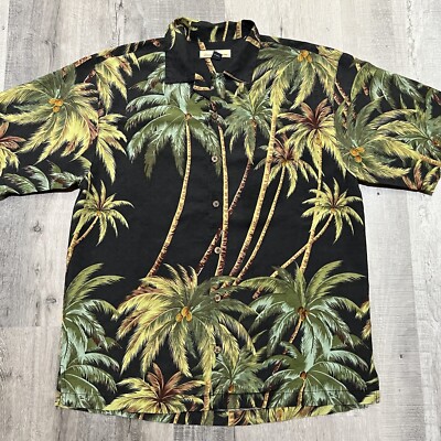 Tommy Bahama 100% Silk Palm Tree All Over Print Loop Collar Summer Button Shirt