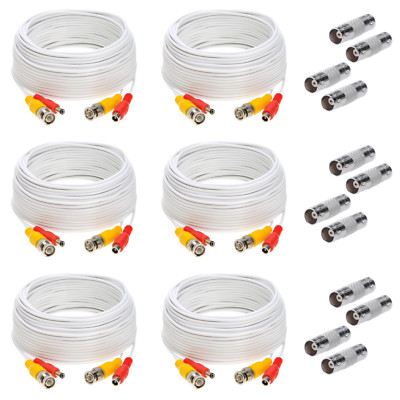 6 x 100FT Video Power Cable BNC DC Security Camera Extension Cord for CCTV White