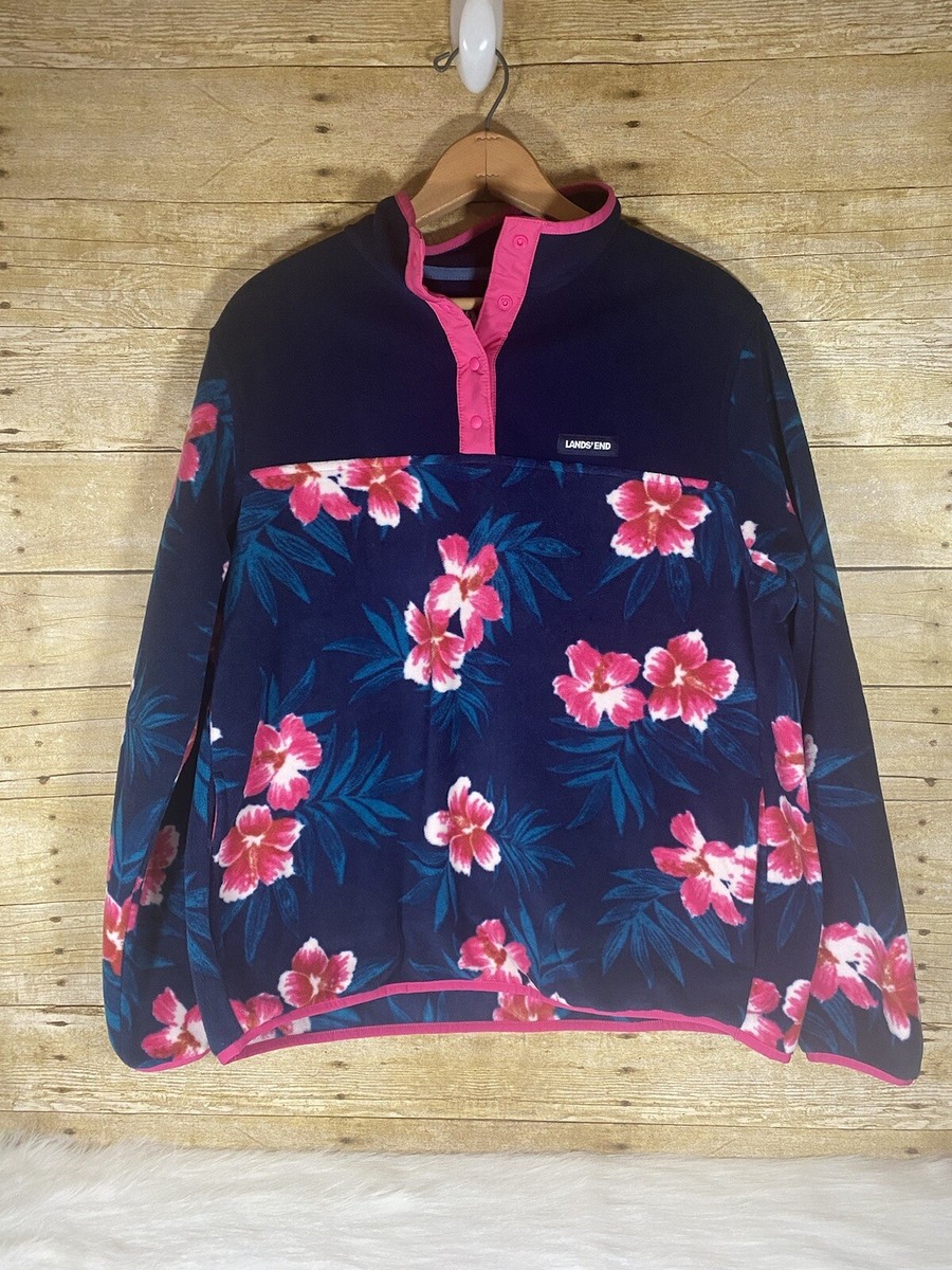 Lands End Heritage Fleece Snap Neck Sweatshirt Deep Sea Navy Hibiscus  Floral L