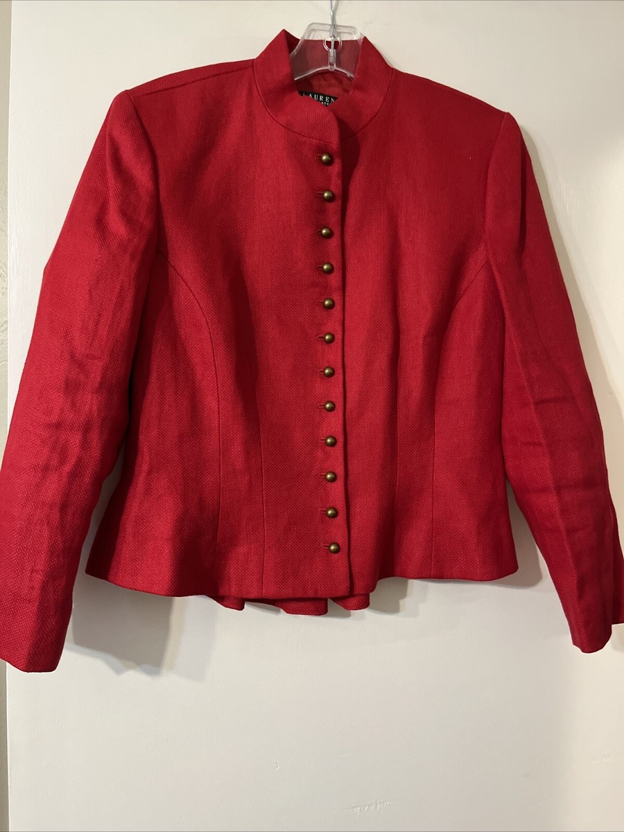 Ralph Lauren Womens Red Linen Blazer Jacket Peplum Brass Buttons