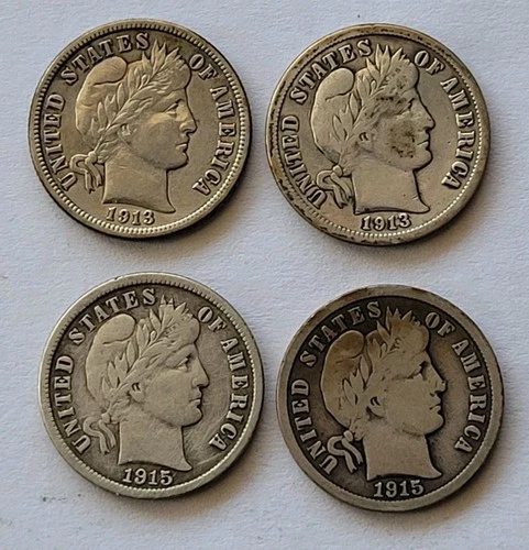 Lot Of Four Silver Barber Dimes, 1913 and 1915