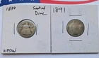 1877-P and 1891-P Seated Liberty Dimes, 135+ Years Old, 90% Silver Coins