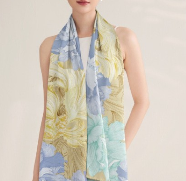 100% Mulberry Silk Square Scarf Yellow flower Print Shawl Bandanna 180X65cm wrap