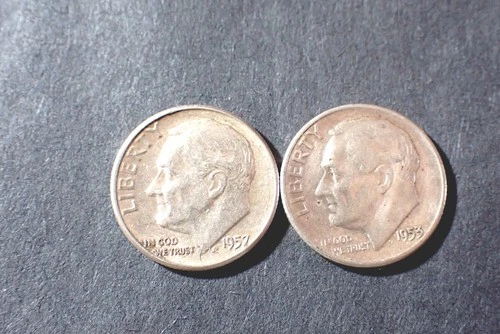 Two  Roosevelt Dimes  1953 1957 AU/BU cond 90% Silver   Lot ROOS  078