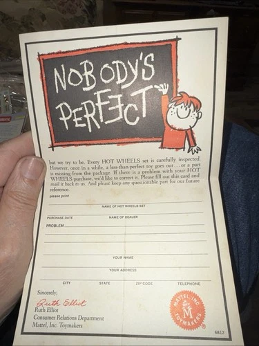 Vintage 1969 Hot Wheels Hi-Performance Set Nobody's Perfect Missing Parts Sheet