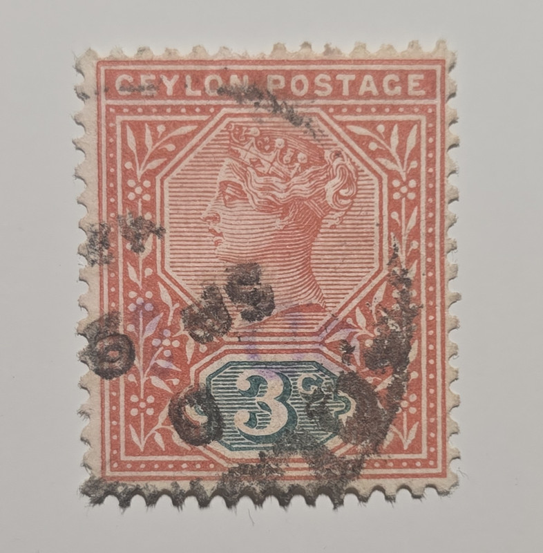 Ceylon Queen Victoria 3c Red/Green Used Postage Stamp, Handstamped Cancel