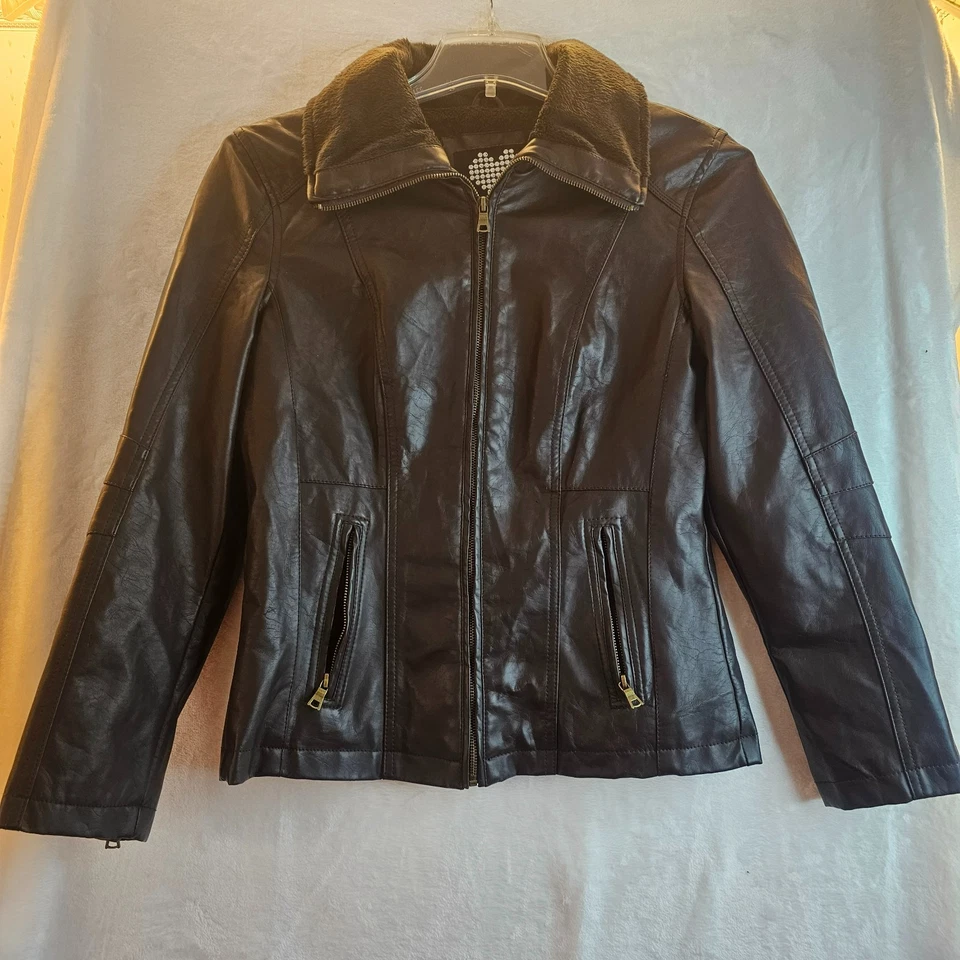 Brave Soul Faux Leather Fur Moto Jacket Dark Brown Chocolate Size L Pockets - Image 3 of 4
