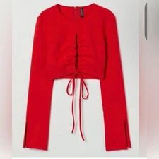 Divided H & M Vibrant Red Ruched Crop Top Mediun New