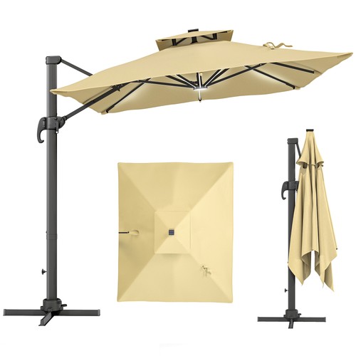 10ft Solar LED Cantilever Umbrella Khaki w/ Cross Base Tilt and Crank