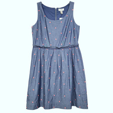 Ann Taylor Loft Dress Women's 6 Chambray Blue Pink Dots Sleeveless 100% Cotton