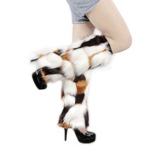 Women's Faux Fur Warm Fuzzy Leg Warmers, Super Soft Winter Long White-brown