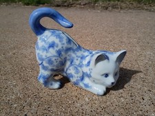 Andrea By Sadek White Porcelain Cat Kitten Blue Floral Pattern Piggy Bank - NICE