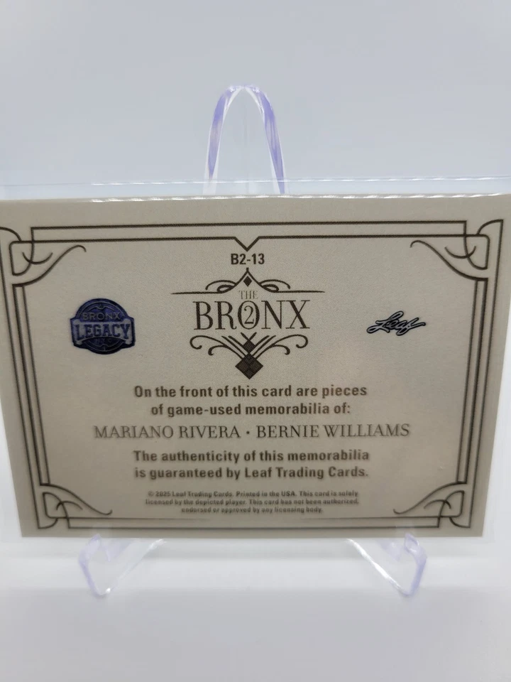 Leaf Bronx Legacy Mariano Rivera Bernie Williams 2025 7/8 juego usado parche doble Foto 2 de 2