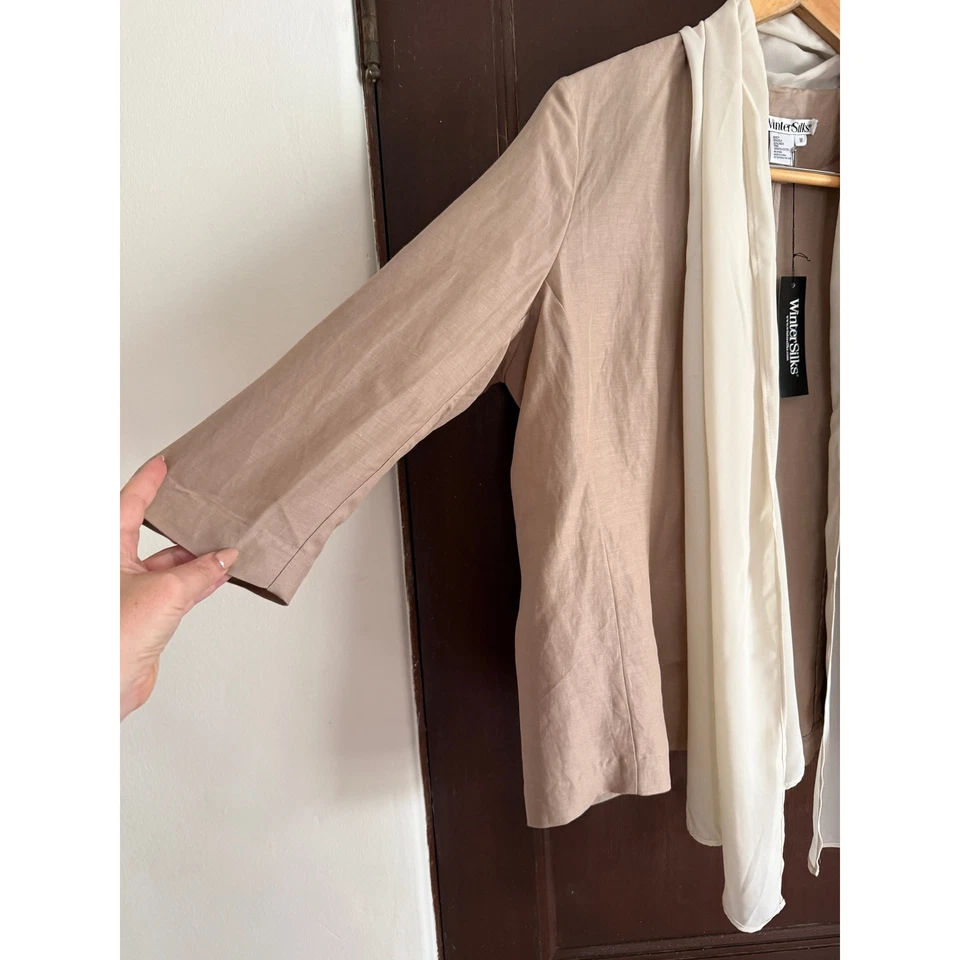 SEDAS DE INVIERNO | Sobrecamisa Chamarra Mediana Cuello Cortina Cuello Tostado y Crema Lino y Seda Foto 2 de 4