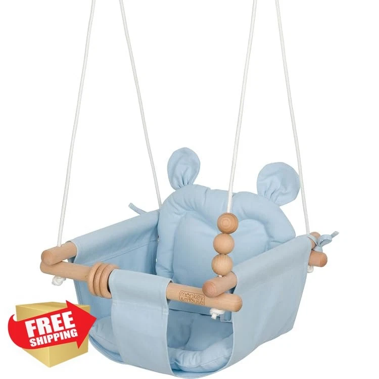 Monkey Mouse Baby Swing Pale Blue Cotton Canvas Hanging Chair Wooden Toys
